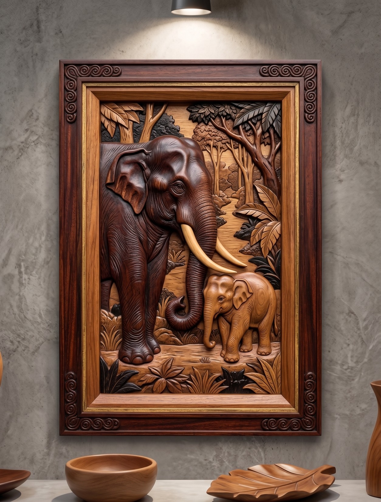 ELEPHANT WITH TUSK AND BABY (W70)