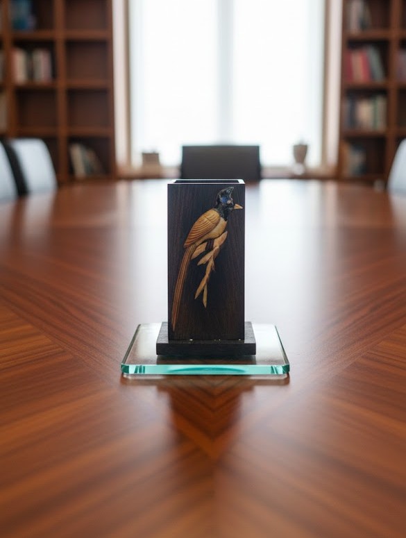 HANDCRAFTED DARK WOOD LONG-TAILED BIRD PEN HOLDER
