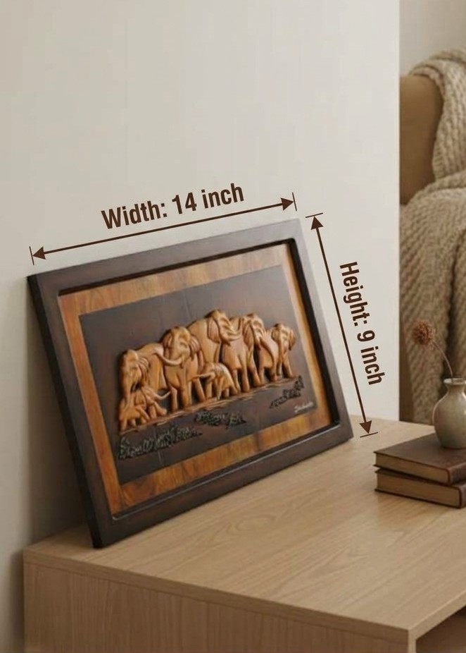 HANDCRAFTED WOODEN ELEPHANT HERD RELIEF PLAQUE view 2