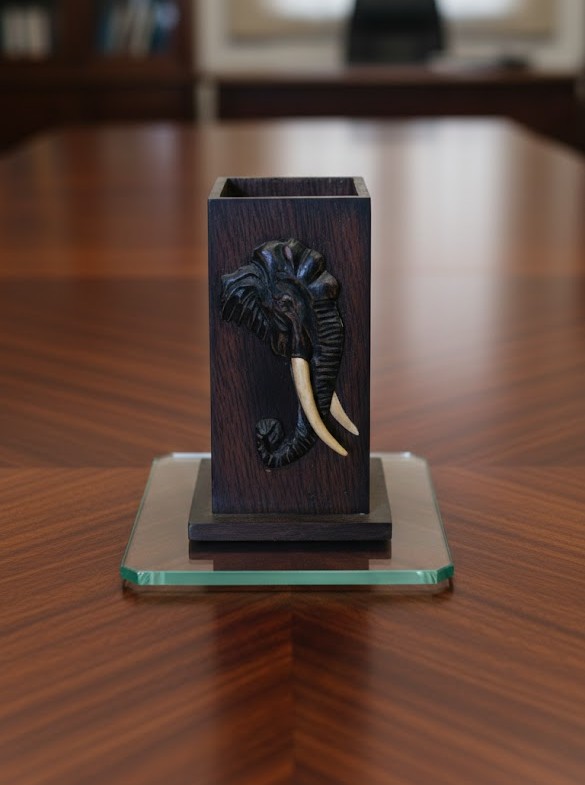 HANDCRAFTED DARK WOOD ELEPHANT PEN HOLDER