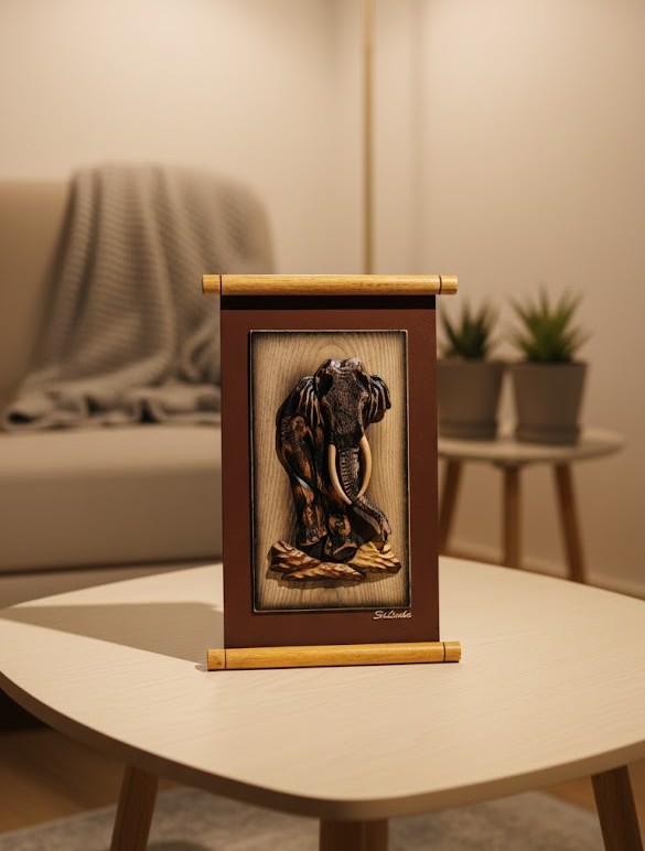 HANDCRAFTED SRI LANKAN WOODEN ELEPHANT SCROLL PLAQUE view 2