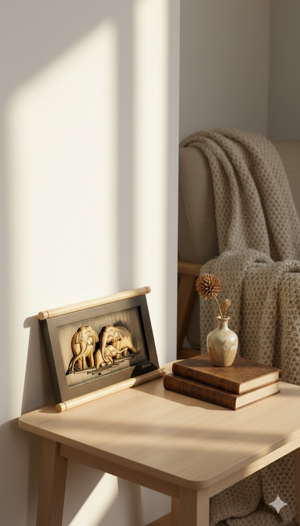 HANDCRAFTED WOODEN ELEPHANT FAMILY SCROLL PLAQUE