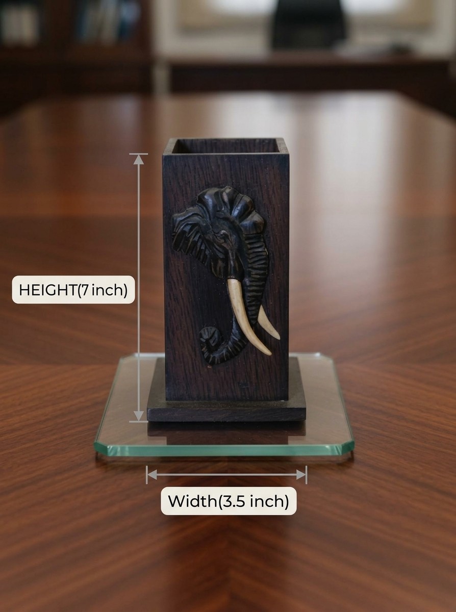 HANDCRAFTED DARK WOOD ELEPHANT PEN HOLDER view 2