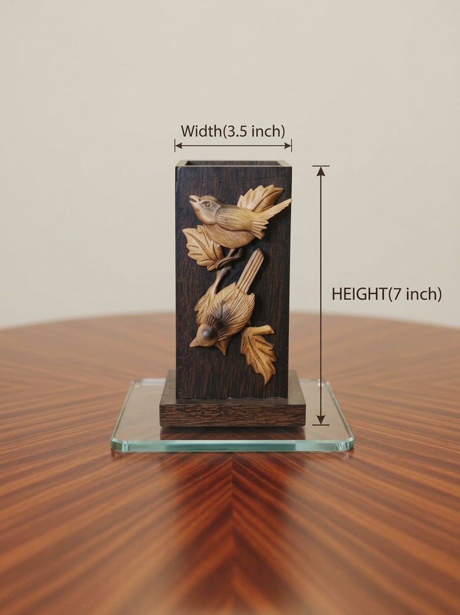 HANDCRAFTED DARK WOOD BIRDS PEN HOLDER view 2