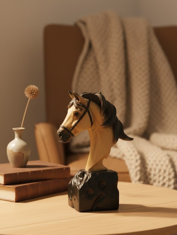 HANDCRAFTED WOODEN HORSE HEAD BUST SCULPTURE